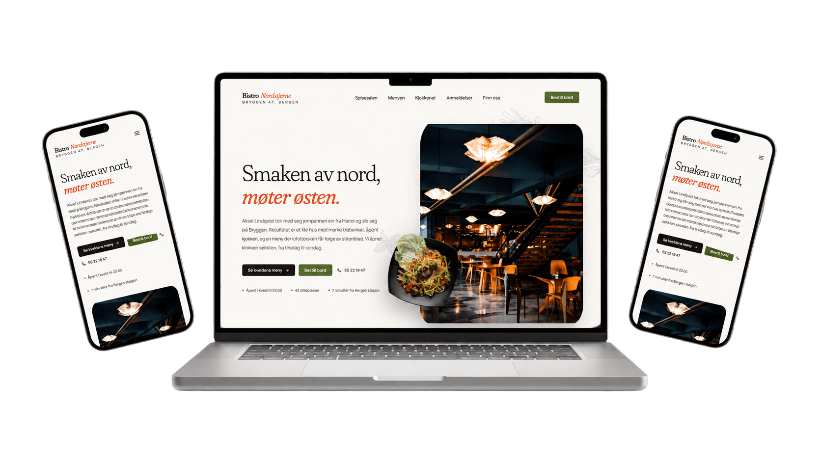 Eksempel på nettside vist på en laptop og to mobiler